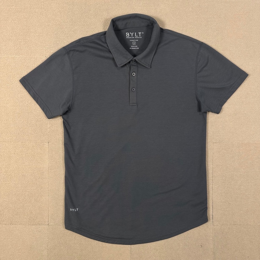 BYLT Signature Polo Shirt Mens M Grey Short Sleeve Curved Hem Stretch Athleisure
